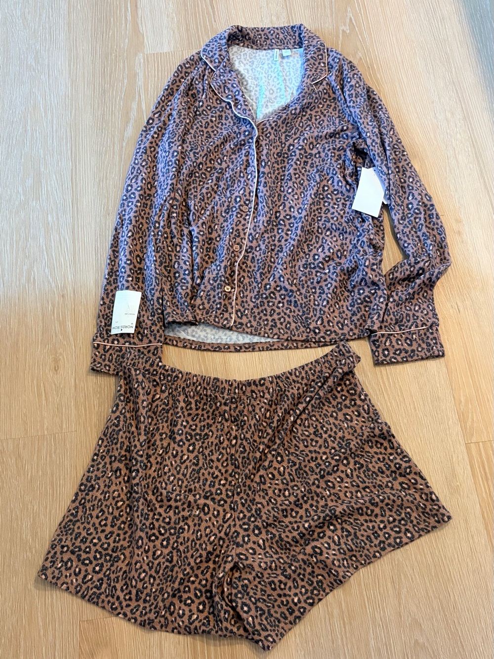 Nordstrom Brown Leopard-Print Button Pajama Top & Shorts